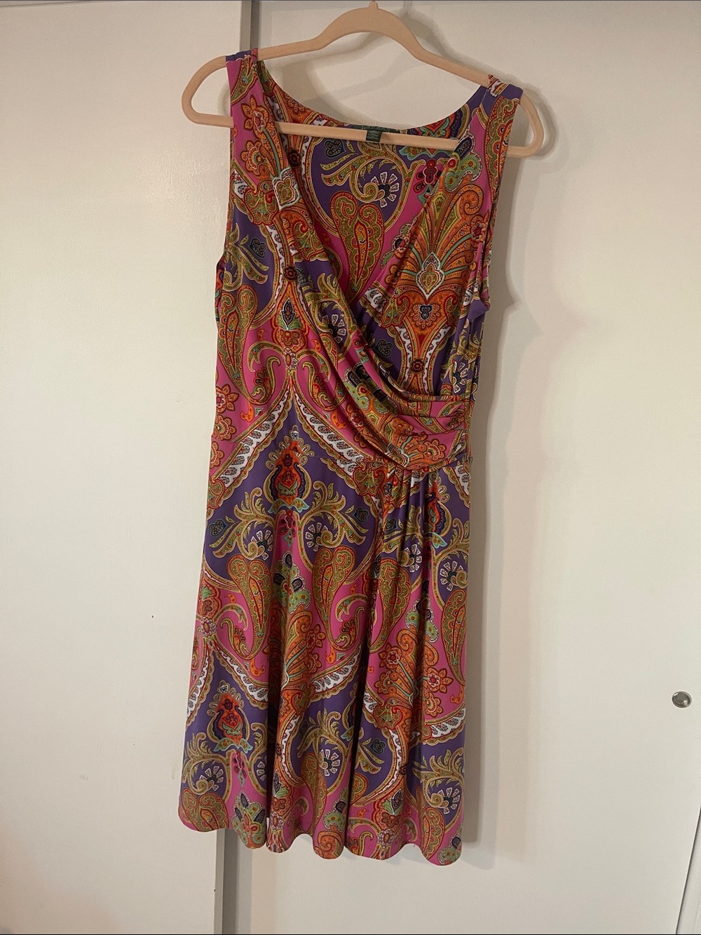 Ralph Lauren Pink Paisley Midi Dress with Orange and Purple Accents